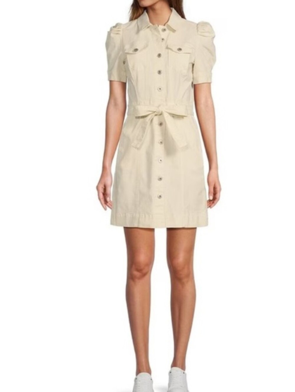 Chelsea & Violet Cream Short-Sleeve Button Front Puff Sleeve Denim Dress 6